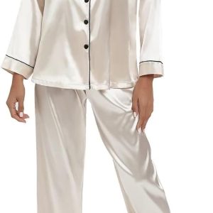 Women’s Silk Satin Pajamas Set Long Sleeve Sleepwear Soft Pjs Set Two Piece Button Down Loungewear Pj Set