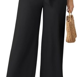 Womens Wide Leg Lounge Pants High Waisted Business Work Casual Pants Adjustable Tie Knot Loose Trousers with Pocket