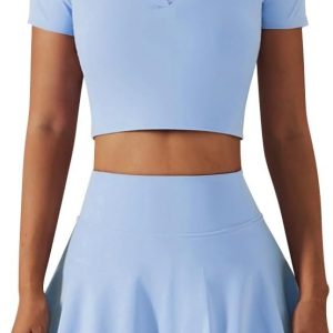 2 Piece Tennis Dress for Women High Waist Pleated Tennis Skirt with Shorts Short Sleeve Crop Golf Workout Skirts Sets