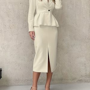 Solid Color Elegant Skirt Suit, Single Button Lapel Collar Long Sleeve Outwear & Split Hem Skirt Outfits, Women’s Clothing
