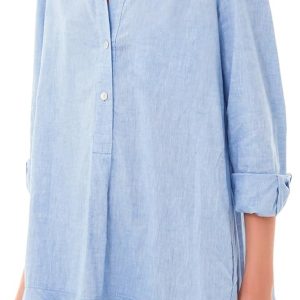Women’s Tunic Mini Shirt Dress Cotton Long Sleeve Ruffle Hem Dress Button Up Shift Chambray Dresses