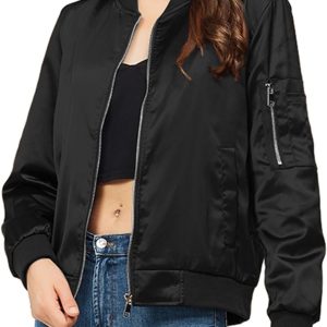 Satin Bomber Jacket Women Casual Fall Varsity Jackets Zip Up Outerwear Windbreaker with Pockets