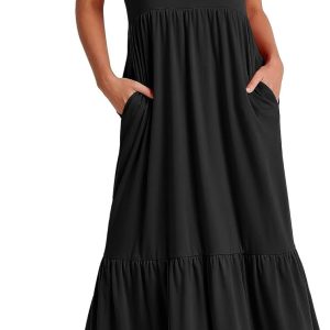Women’s Summer Casual Short Sleeve Crewneck Swing Dress Flowy Tiered Maxi Beach Dress with Pockets