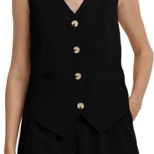 Womens Two Piece Outfits 2024 Summer Casual Sleeveless Blazer Vest Shorts Set with Pockets