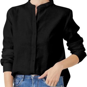 Women’s Mandarin Collar Button-Down Shirts Casual Cotton Linen Long Sleeve Blouses