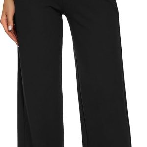 Wide Leg Stretchy Pants for Women Business Casual Pants Dress Pants with Pockets Self Tie Belted
