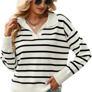 Women’s Lightweight Striped Loose Sweater Polo V Neck Knitted Lapel Shirt Casual Color Block Top with Cream Background