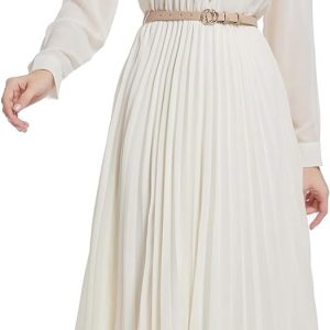 Business Casual Shirt Dress for Women Long Sleeves Pleated Midi Dresses with Belt