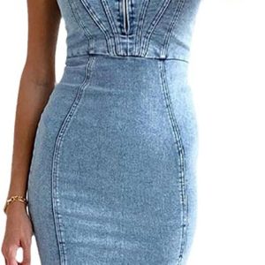 Women’s Sleeveless Bodycon Denim Tank Dress Scoop Neck Zip Up Side Slit Stretchy Wrap Club Party Jean Midi Dresses