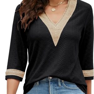 Women’s Casual 3/4 Sleeve Shirts Lace V Neck Color Block Dressy Tops Trendy Hollow Floral Blouses T Shirts S-XXL