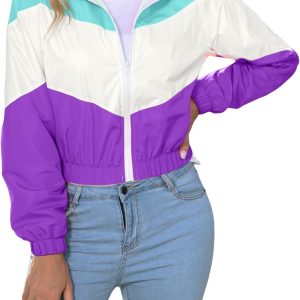 Women’s Lightweight Windbreaker Sport Jacket Zip Up Color Block Coat Casual Long Sleeve Jogging Outerwear