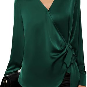 Women’s Satin Silk Blouses Wrap V Neck Shirts Long Sleeve Elegant Tie Waist Office Formal Work Tunic Pullover Tops
