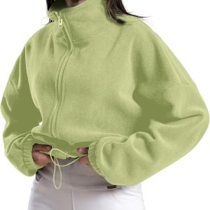 Women’s Full Zip Fleece Short Jacket Oversized Athletic Running Long Sleeve Stand Collar Crop Warm Sherpa Coat