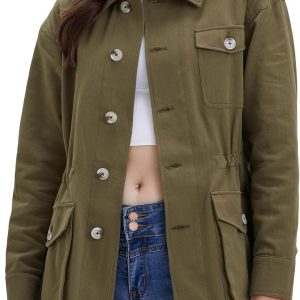 Women’s Military Jacket Lightweight Button Up Utility Drawstring Waist Anorak Coat with Pockets