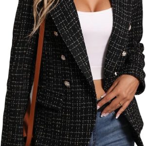 Womens Casual Blazer 2024 Spring Open Front Business Work Tweed Plaid Jacket Suit Pocket (S-XXL)