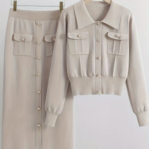 Elegant Solid Color Skirt Set, Single Breasted Flap Pockets Top & High Waist Slim Skirt For Office & Work, Women’s Clothing