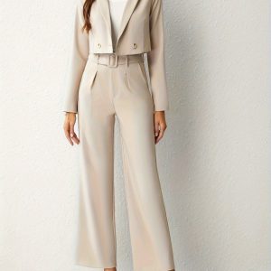 Business Casual Two-piece Set, Double-breasted Lapel Long Sleeve Blazer & Belted Wide Leg Pants Outfits, Women’s Clothing